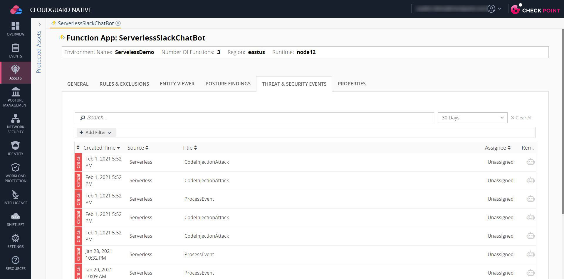 Résultats Azure de CloudGuard sans serveur