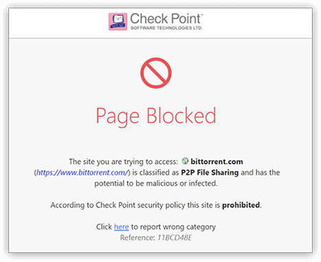 アプリケーション制御によってブロックされたサンプル ページのスクリーンショット