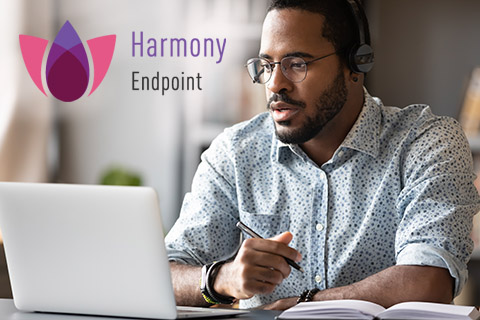 Harmony Endpoint image with man and laptop