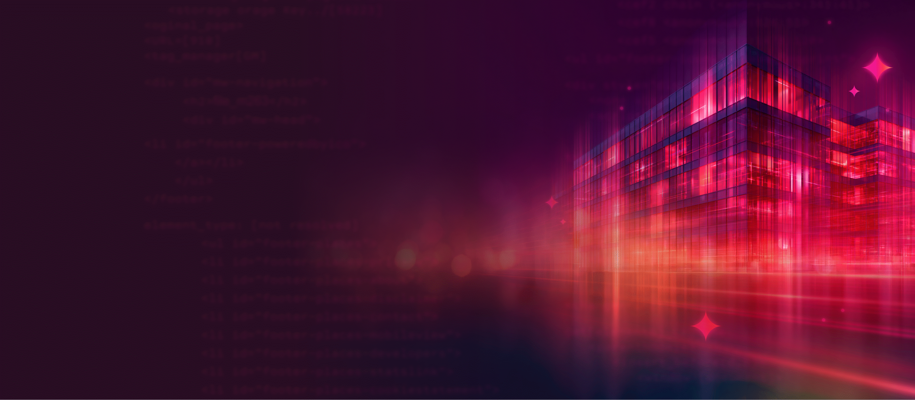 Check Point network security artwork showing a glass office building lit in pink and red against a dark background with faint lines of code