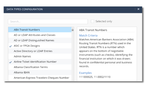 Captura de tela da Configuração de tipos de dados