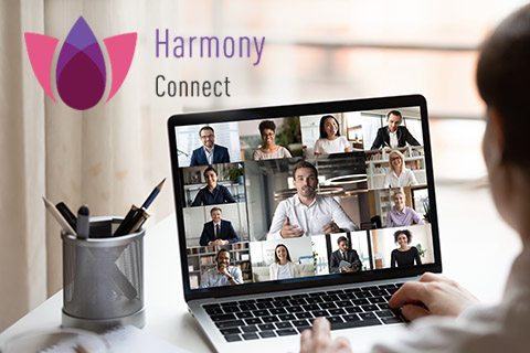 Harmony Connect logosu ve dizüstü bilgisayarda Zoom toplantısı