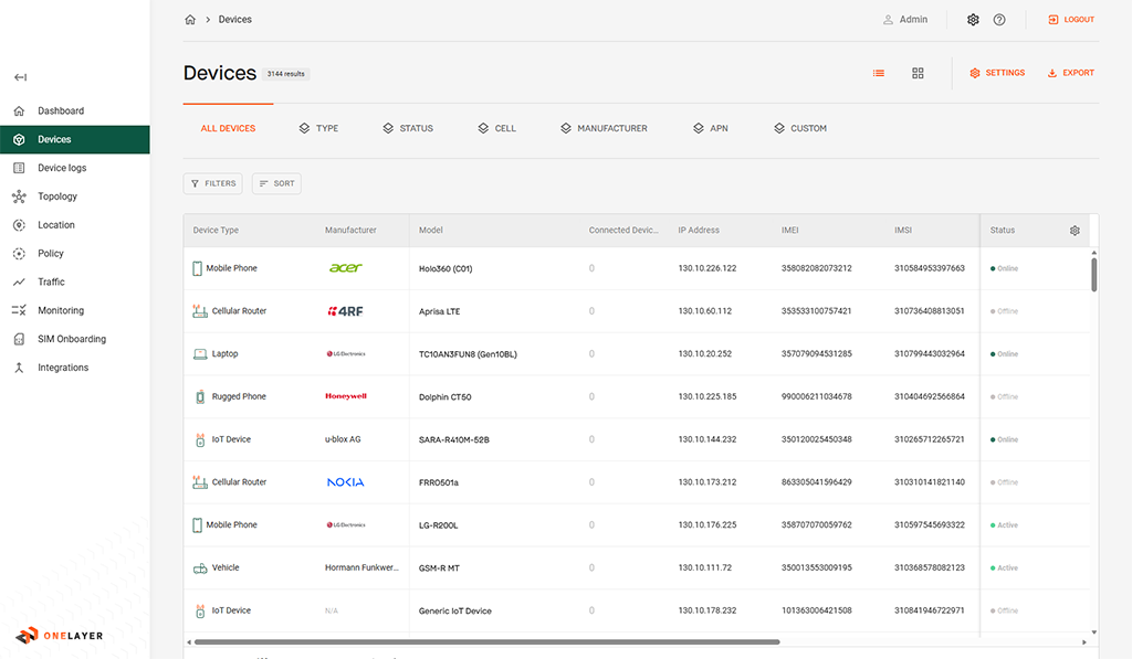 OneLayer - Devices Listing View