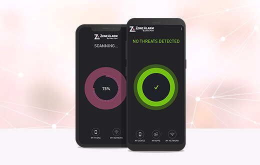 Telefones celulares com o aplicativo ZoneAlarm execuando o escaneamento de malware